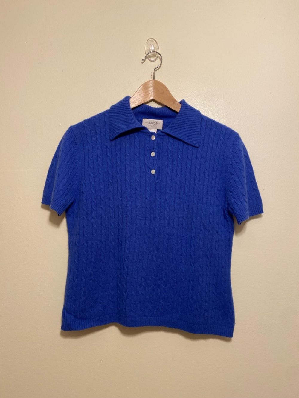 DORCE Royal Blue Cashmere Short-Sleeve Cable Knit Polo Sweater. Size S